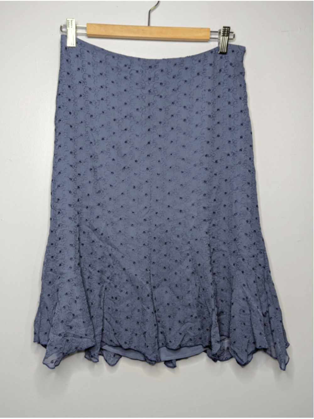 Vintage Y2K Express 100% Silk Eyelet Midi Skirt Slate Blue Flounce Hem Size 7/8